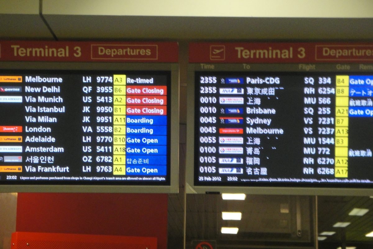 Tablero de salidas de un aeropuerto internacional con vuelos hacia distintos destinos