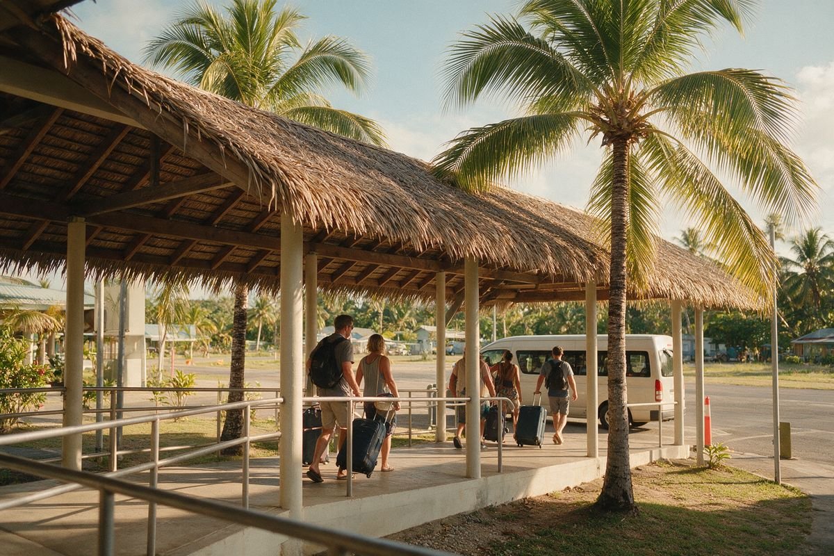 Salida de un aeropuerto del Caribe con una minivan de traslado esperando