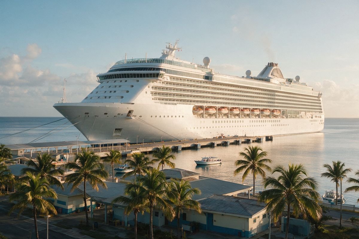 Crucero atracado en un puerto del Caribe al amanecer