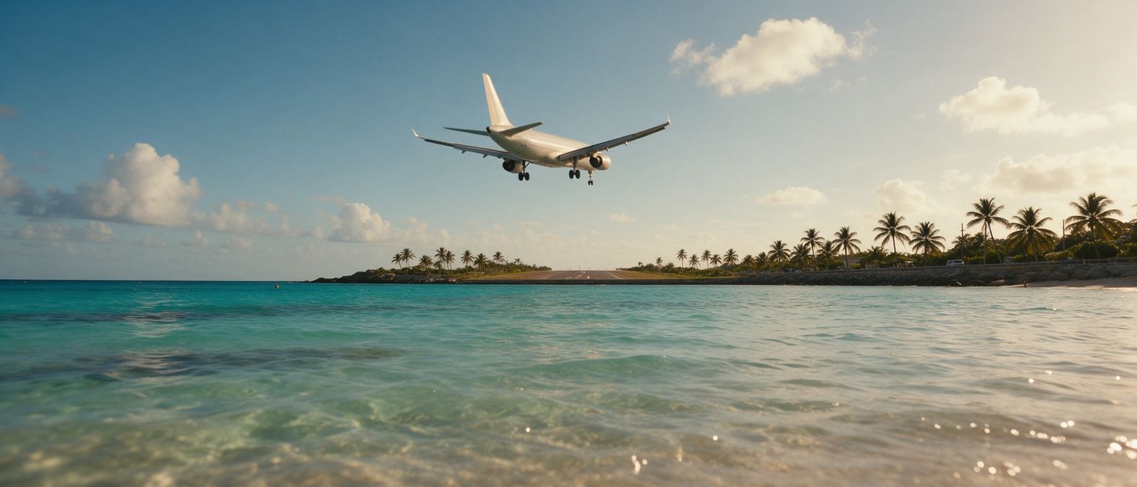 Avión aproximando sobre el mar del Caribe hacia una pista costera
