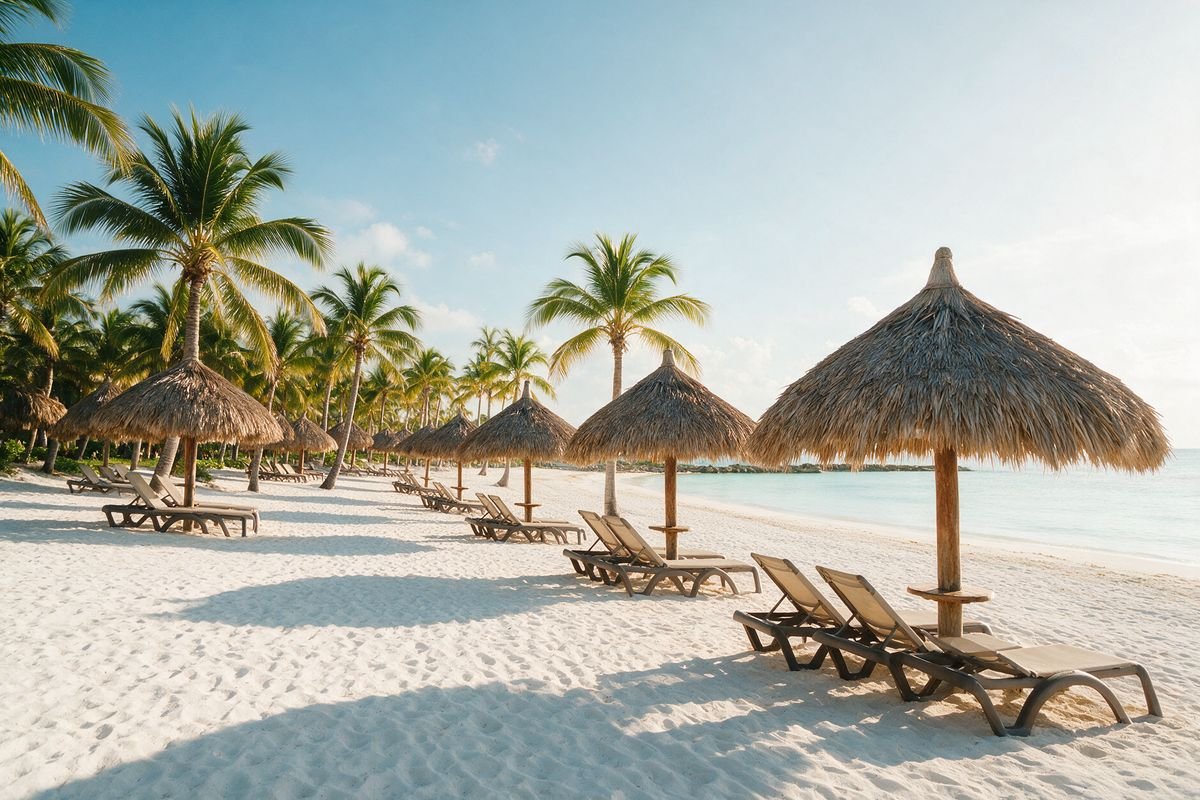 Playa Dominicus junto a Bayahibe, con sombrillas de palma y camastros frente al mar turquesa